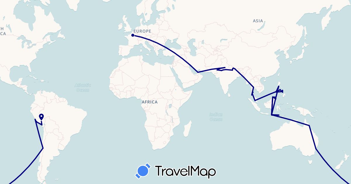 TravelMap itinerary: driving, bus, plane in United Arab Emirates, Australia, Chile, France, Indonesia, India, Malaysia, Nepal, Peru, Philippines, Thailand (Asia, Europe, Oceania, South America)